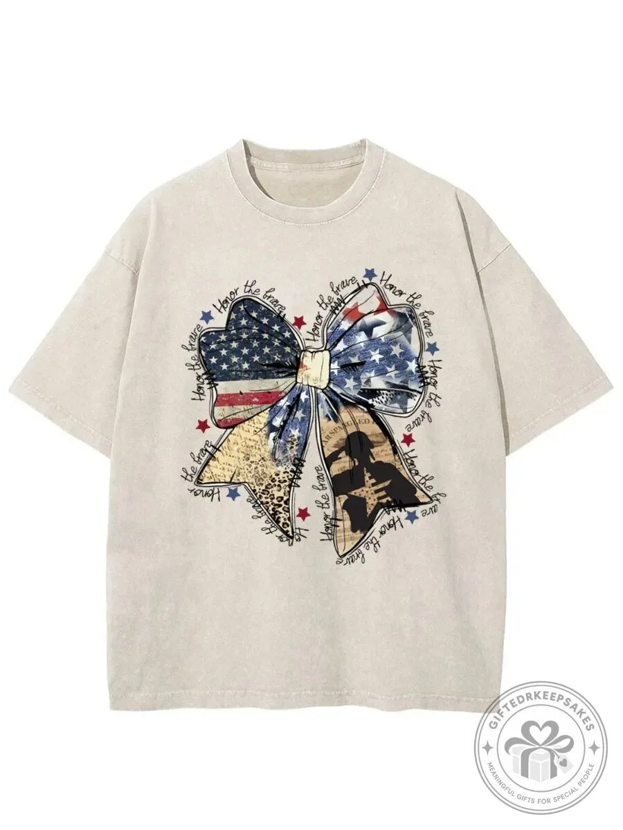 Honor The Brave American Flag Bow Vintage Washed Short Sleeve T-Shirt