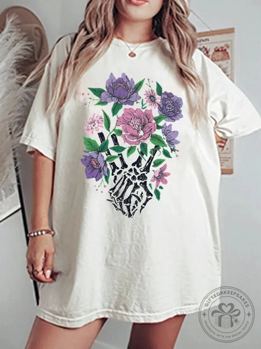 Vintage Wildflower Lover Skeleton Hand Graphic Oversized T-Shirt