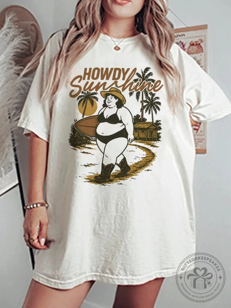 Howdy Sunshine Vintage Summer Beach Cowgirl Oversized Graphic T-Shirt