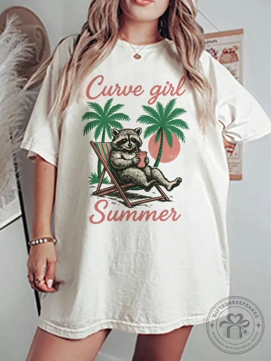 Curve Girl Summer Raccoon Palm Tree Graphic T-Shirt