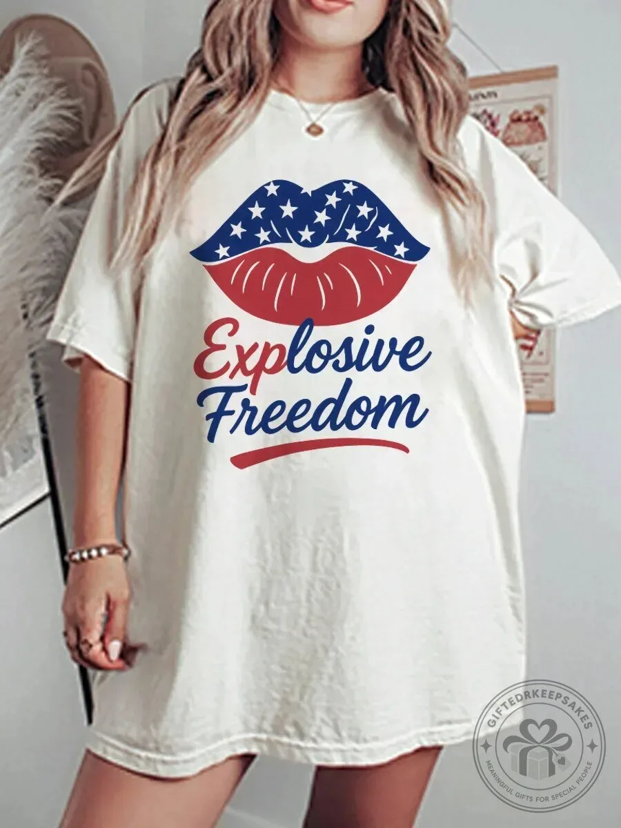 Explosive Freedom Lips American Flag Graphic Oversized T-Shirt